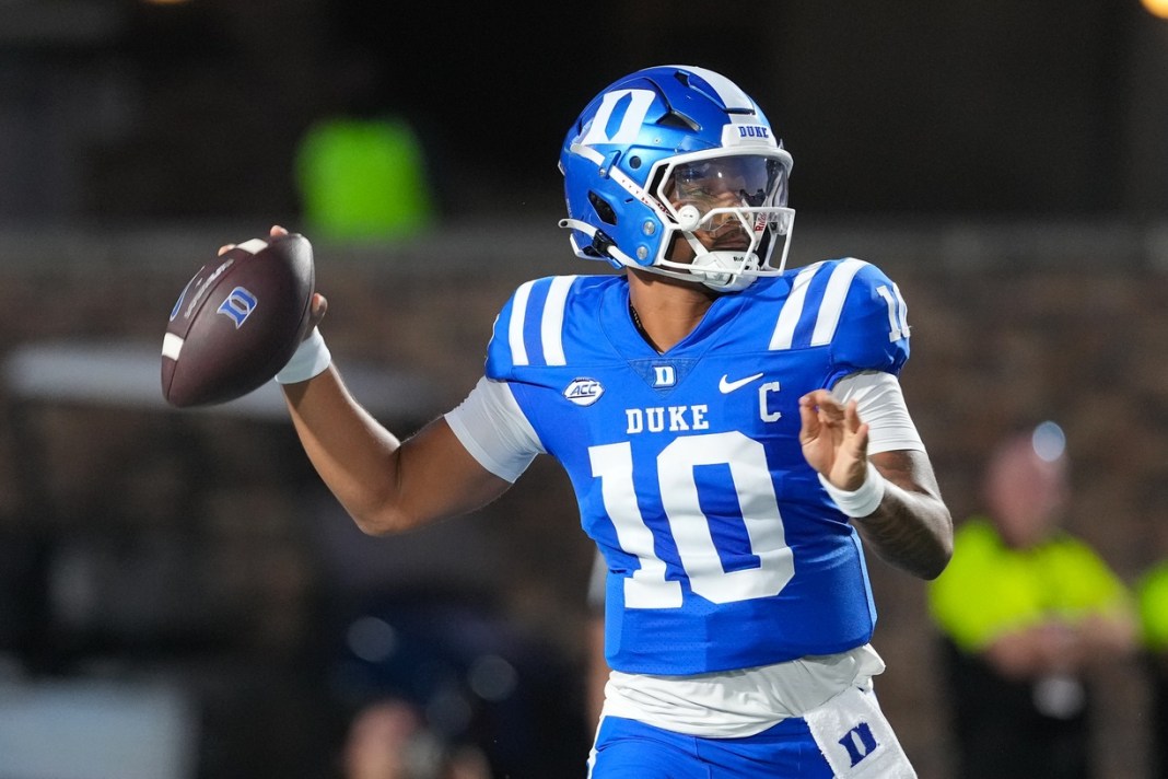 Duke quarterback Darian Mensah throws a pass against Northwestern during the 2025 college football season.