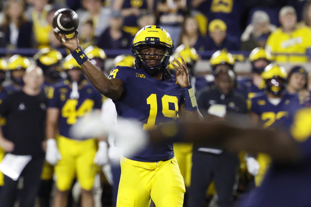 Michigan quarterback Bryce Underwood throws a pass against New Mexico during the 2025 college football season.