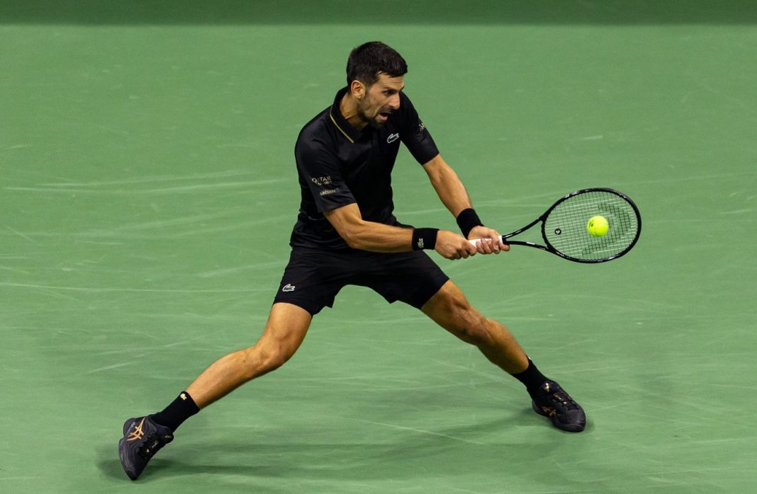 Novak Djokovic hits a backhand against Jan-Lennard Struff at the 2025 US Open.