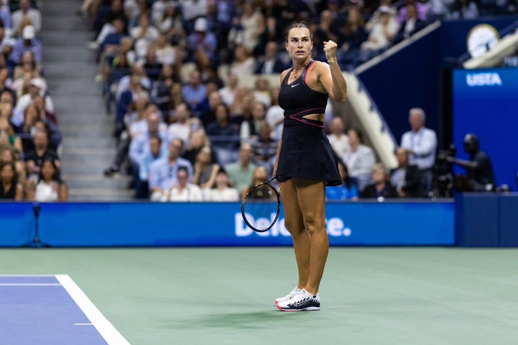 Aryna Sabalenka reacts to a point against Jessica Pegula in the 2025 US Open semifinals.