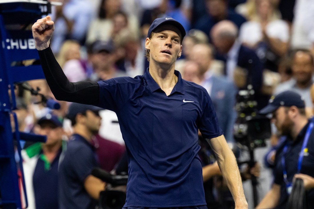 Jannik Sinner celebrates a win over Felix Auger-Aliassime in the 2025 US Open semifinals.
