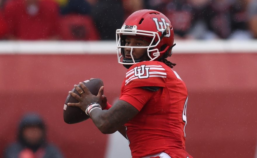 Utah quarterback Devon Dampier looks to throw against Cal Poly during the 2025 college football season.