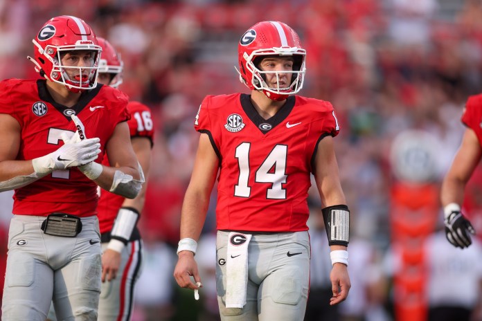 Georgia quarterback Gunner Stockton looks on against Austin Peay during the 2025 college football season.