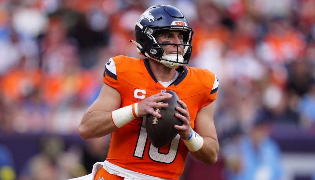 Broncos quarterback Bo Nix drops back against the Titans in Week 1 of the 2025 NFL season.