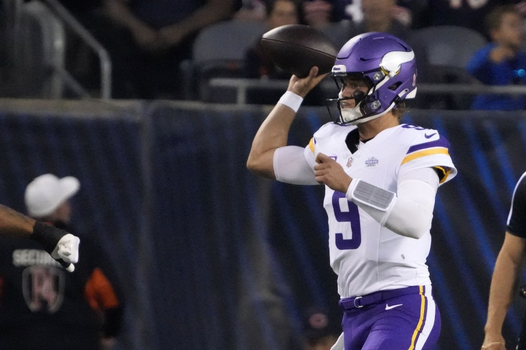 Vikings quarterback J.J. McCarthy throws a pass against the Bears in Week 1 of the 2025 NFL season.