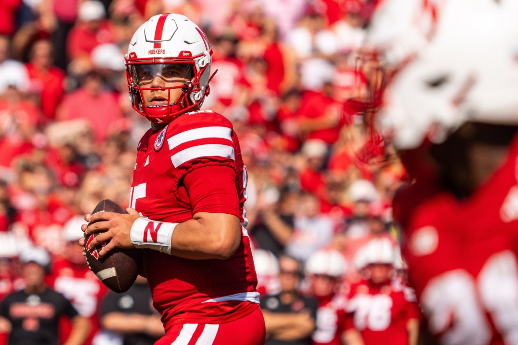 Nebraska quarterback Dylan Raiola looks to throw against Houston during the 2025 college football season.