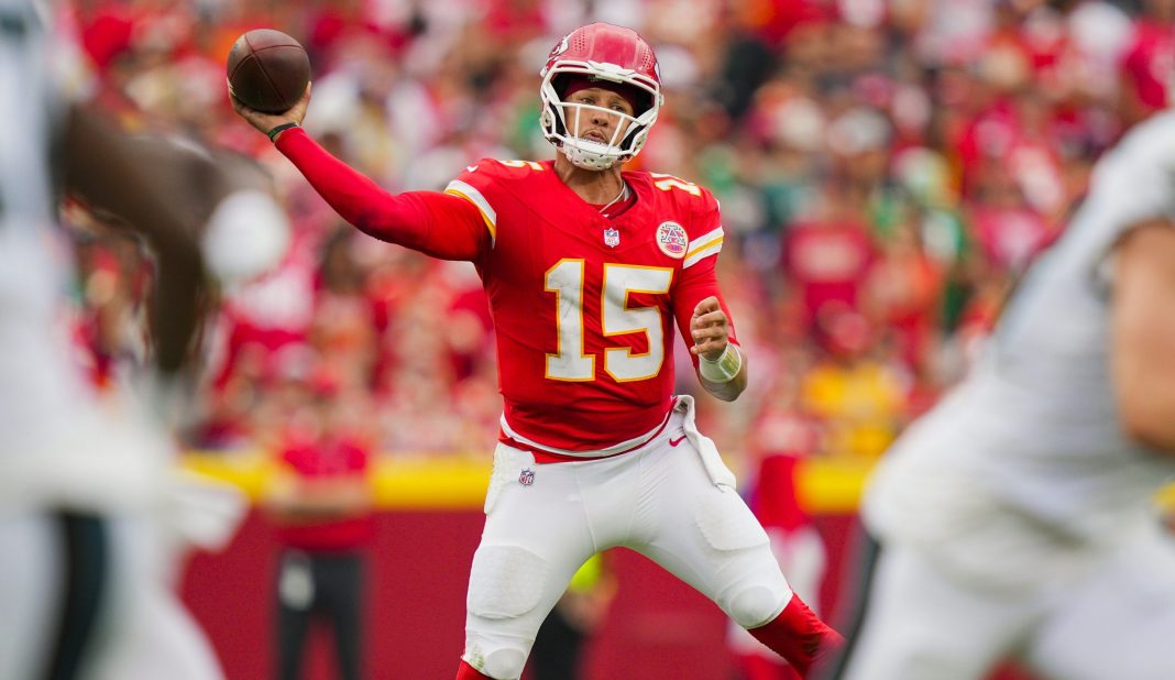 Chiefs star Patrick Mahomes throws a pass against the Eagles during the 2025 NFL season.