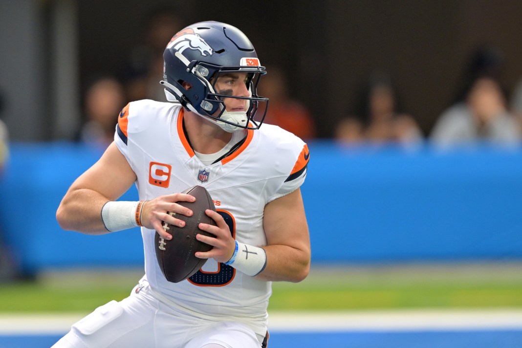 Broncos quarterback Bo Nix looks to throw against the Chargers during the 2025 season.