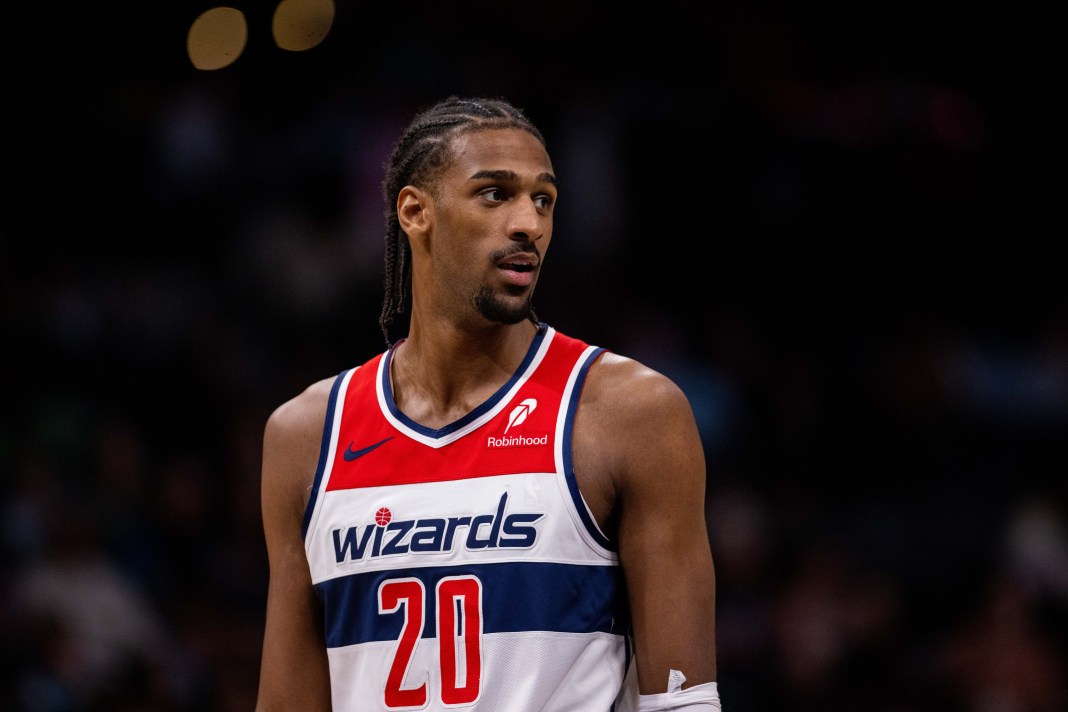 Wizards big man Alex Sarr looks on during a meeting with the Hornets in the 2024-25 NBA season.