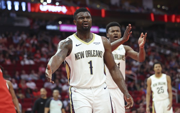 Pelicans star Zion Williamson reacts to a play against the Rockets during the 2024-25 NBA season.