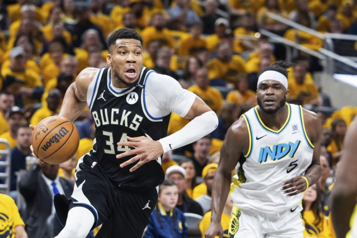 Bucks superstar Giannis Antetokounmpo drives against the Pacers during the 2024-25 NBA Playoffs.