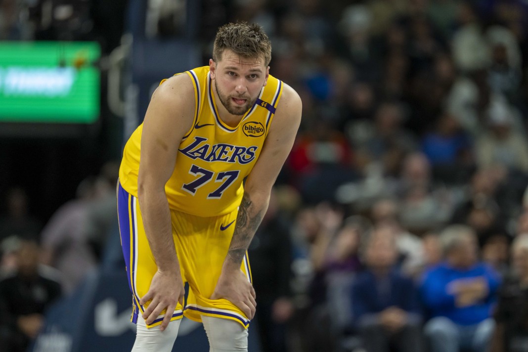 Lakers superstar Luka Doncic looks on in the 2024-25 NBA Playoffs against the Timberwolves.