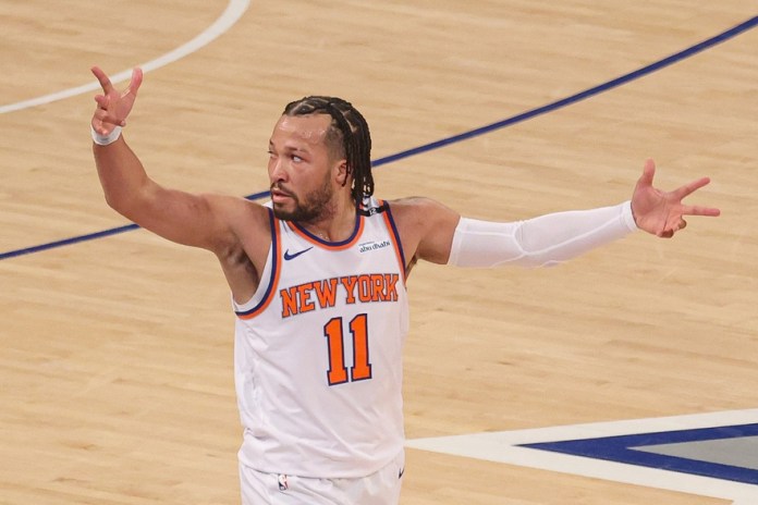 Knicks star Jalen Brunson celebrates a made three against the Pacers during the 2024-25 NBA Playoffs.