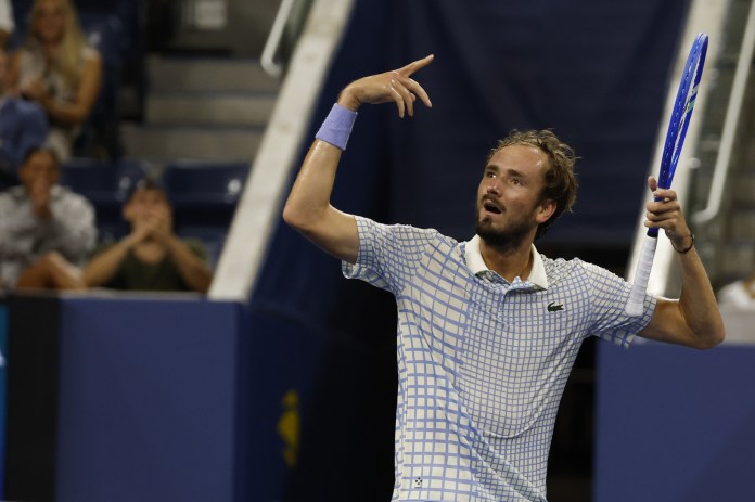 Daniil Medvedev gestures to the crowd during the 2025 US Open.