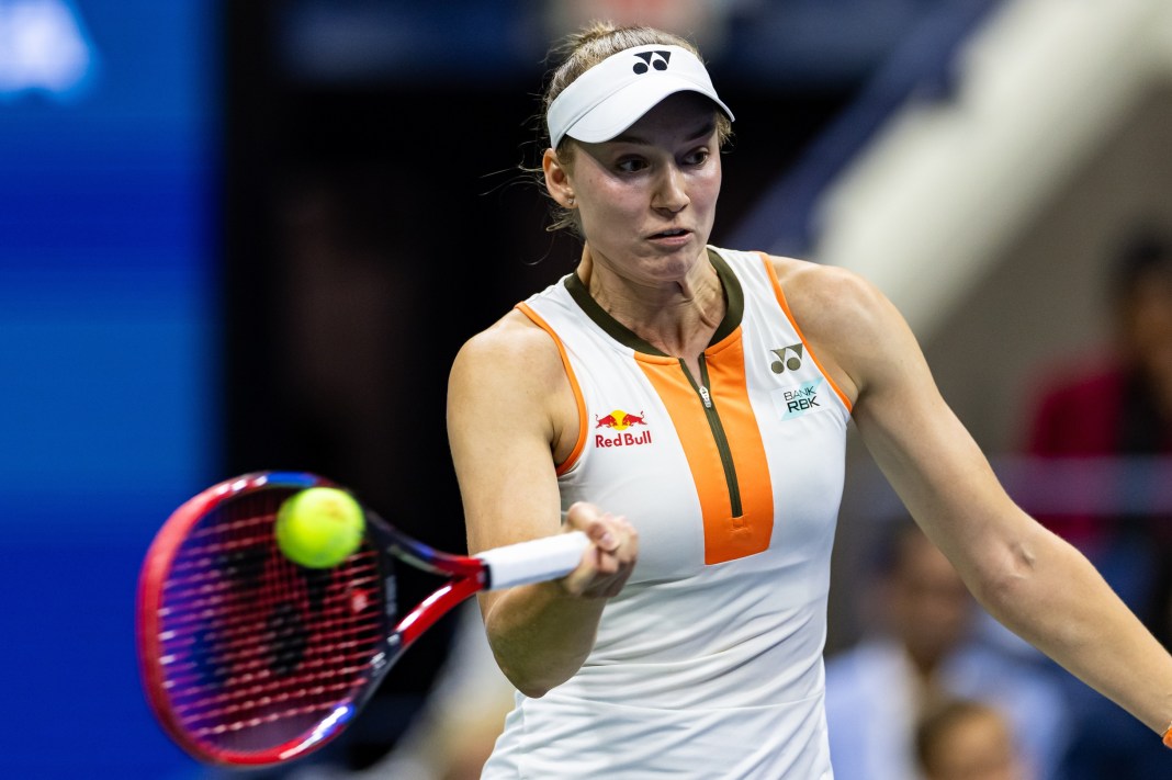 Elena Rybakina hits a forehand against Marketa Vondrousova at the 2025 US Open.
