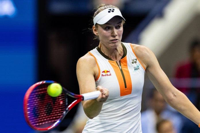 Elena Rybakina hits a forehand against Marketa Vondrousova at the 2025 US Open.