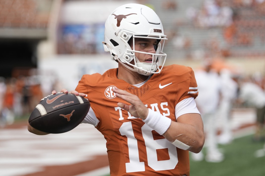 Texas quarterback Arch Manning throws a pass against San Jose State during the 2025 college football season.