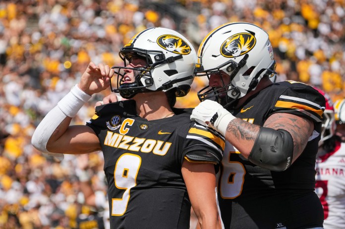 Missouri quarterback Beau Pribula celebrates a score against Louisiana Lafayette during the 2025 college football season.