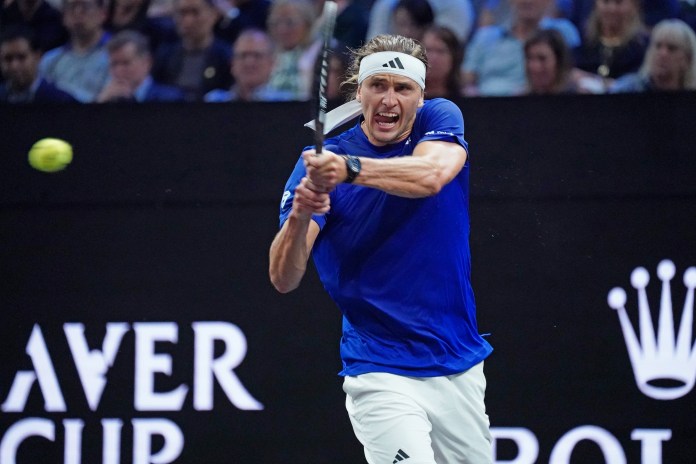 Alexander Zverev hits a backhand against Alex de Minaur at the 2025 Laver Cup.