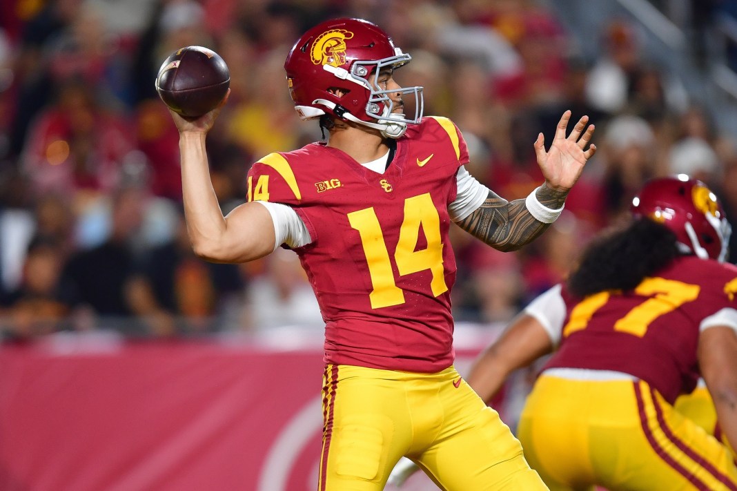 USC quarterback Jayden Maiava throws a pass against Michigan State during the 2025 college football season.