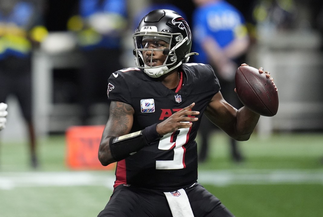 Falcons quarterback Michael Penix Jr. throws a pass against the Commaders during the 2025 season.