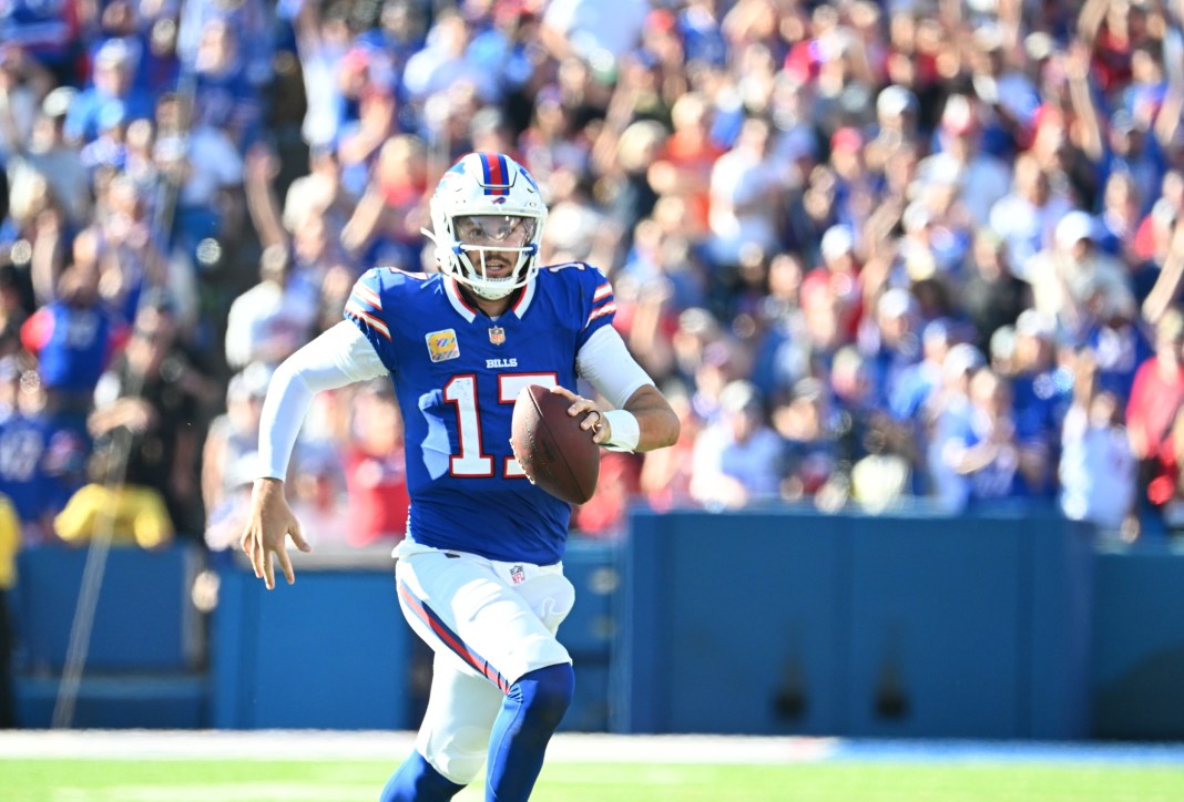 Bills superstar Josh Allen runs against the Saints during the 2025 NFL season.