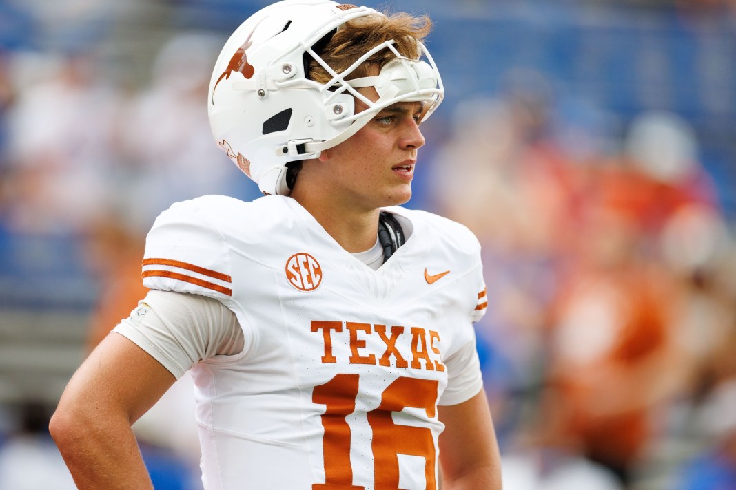 Texas quarterback Arch Manning looks on against Florida during the 2025 college football season.