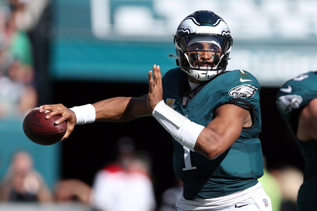 Eagles superstar Jalen Hurts throws a pass against the Broncos during the 2025 NFL season.