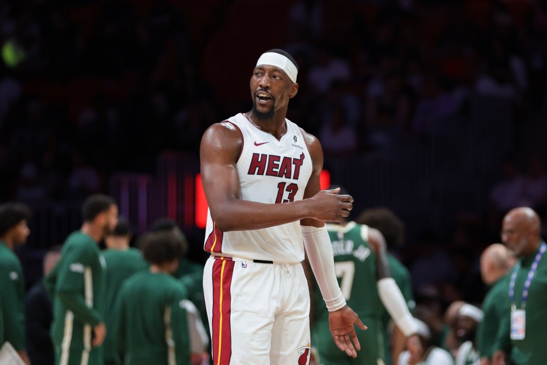Heat star Bam Adebayo reacts to a play against the Bucks during the 2025-26 NBA preseason.