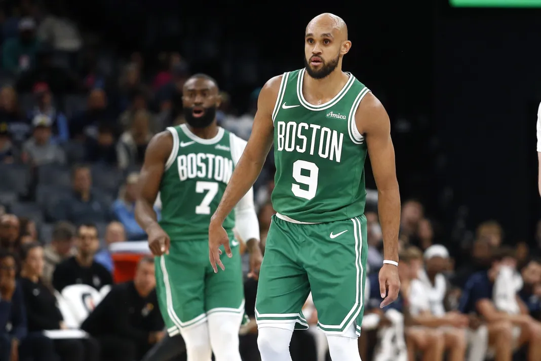 NBA: Preseason-Boston Celtics at Memphis Grizzlies Celtics stars Derrick White and Jaylen Brown look to defend against the Grizzlies during the 2025-26 NBA preseason.