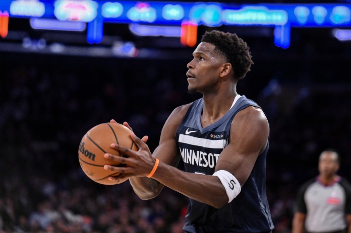 Timberwolves star Anthony Edwards takes a shot against the Knicks during the 2025-26 NBA preseason.