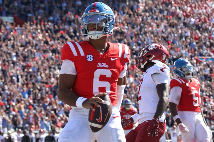 Ole Miss star Trinidad Chambliss celebrates a touchdown against Washington State during the 2025 college football season.