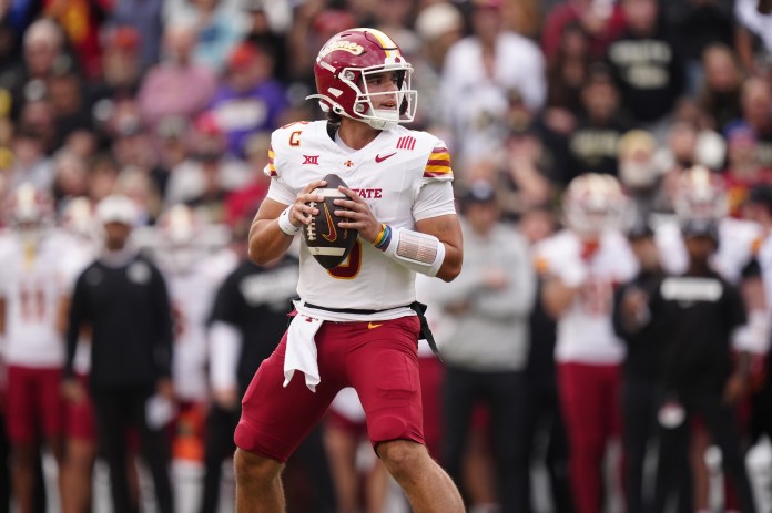 Iowa State quarterback Rocco Becht looks to throw against Colorado during the 2025 college football season.
