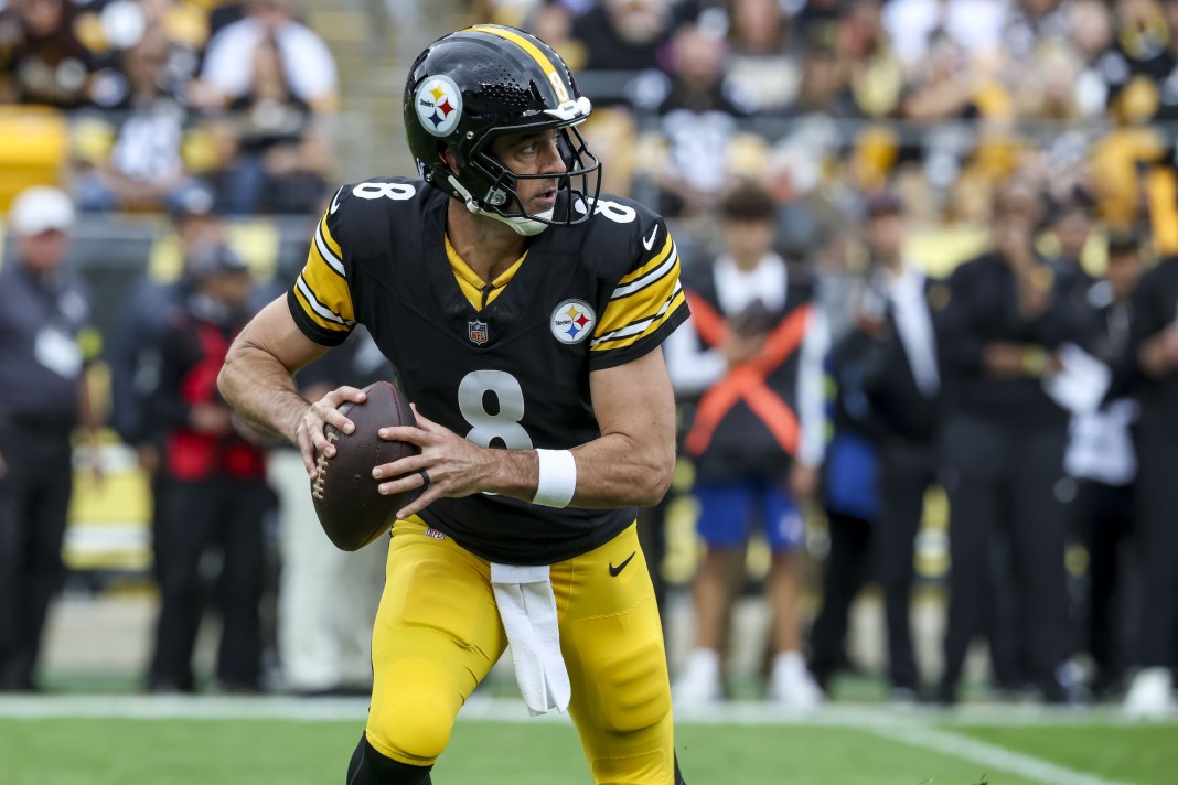 Steelers quarterback Aaron Rodgers look to make a play against the Browns during the 2025 NFL season.