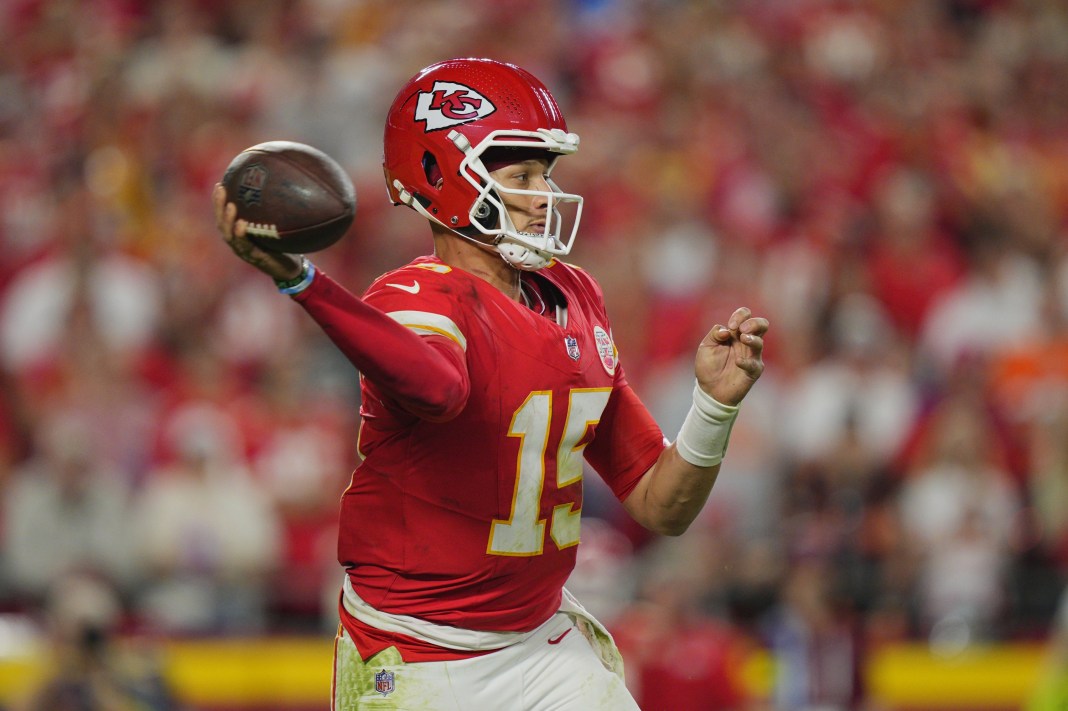 Chiefs quarterback Patrick Mahomes throws a pass against the Lions during the 2025 NFL season.