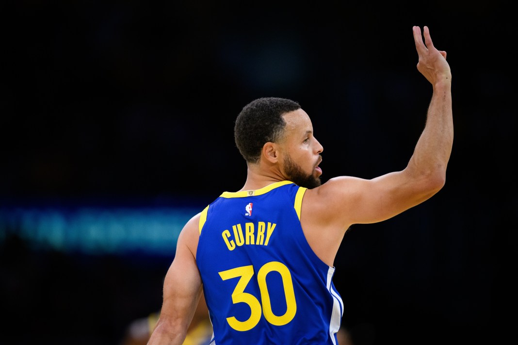 Warriors superstar Stephen Curry celebrates a made three against the Lakers during the 2025-26 NBA season.