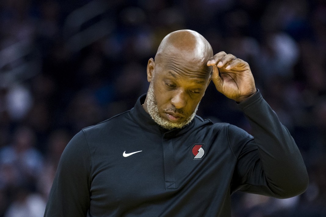 Blazers head coach Chauncey Billups reacts to a play during the 2025-26 NBA preseason.