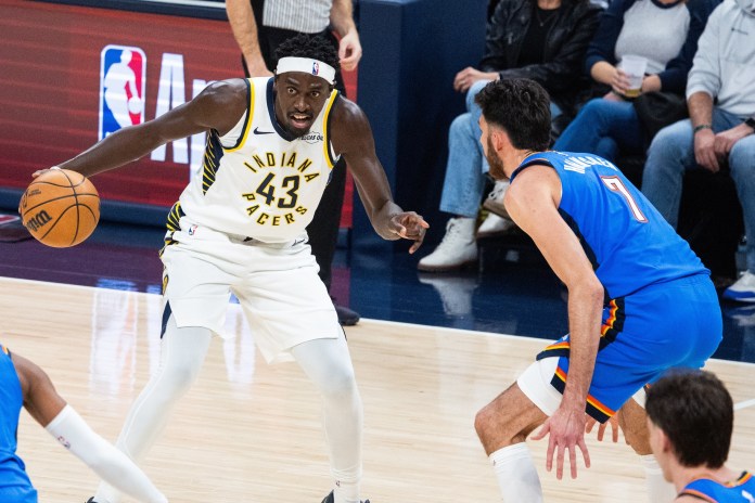 Pacers star Pascal Siakam drives against the Thunder during the 2025-26 NBA season.