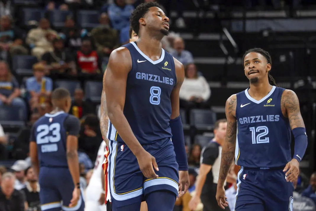 NBA: Miami Heat at Memphis Grizzlies Grizzlies stars Ja Morant and Jaren Jackson Jr. react against the Heat during the 2025-26 NBA season.