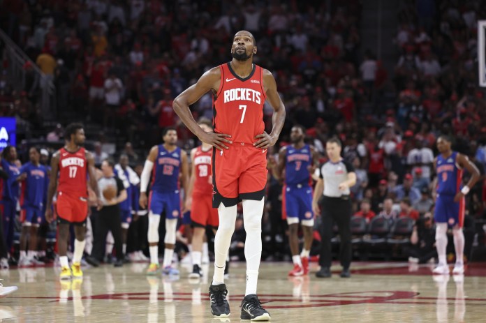 Rockets star Kevin Durant looks on against the Pistons during the 2025-26 NBA season.