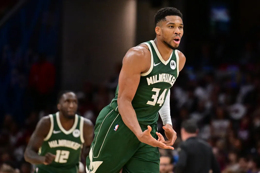 NBA: Milwaukee Bucks at Cleveland Cavaliers Bucks star Giannis Antetokounmpo celebrates a made 3 against the Cavaliers during the 2025-26 NBA season.