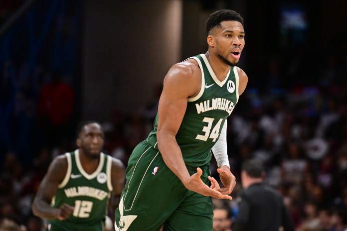 Bucks star Giannis Antetokounmpo celebrates a made 3 against the Cavaliers during the 2025-26 NBA season.