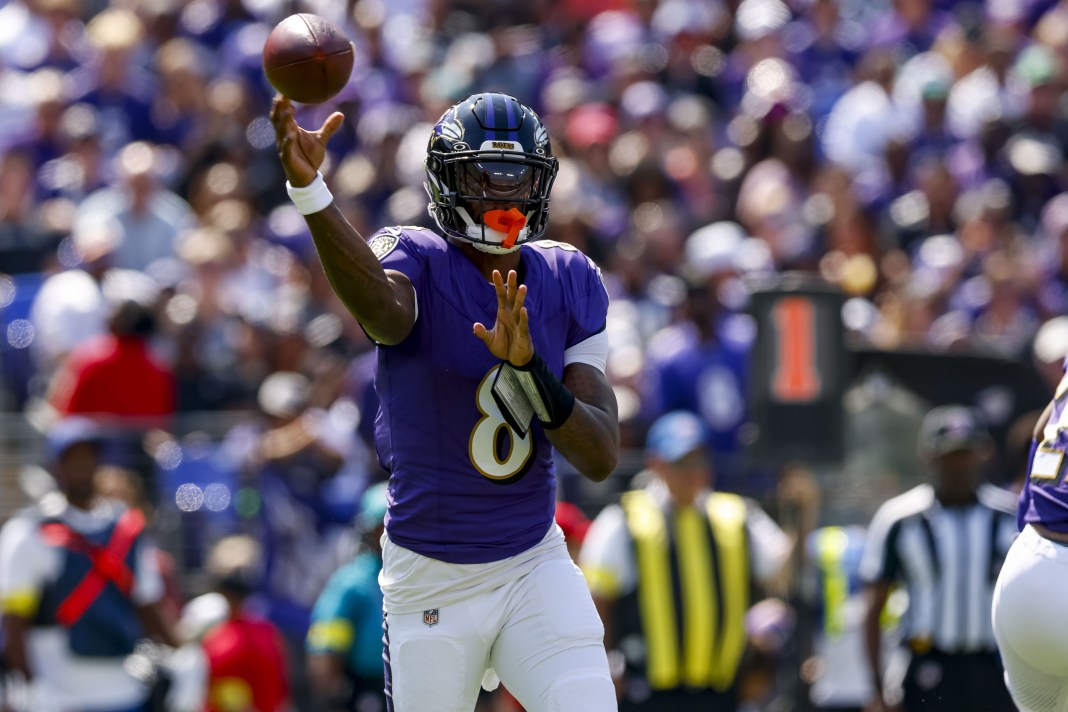 Ravens star Lamar Jackson looks to throw against the Browns during the 2025 NFL season.