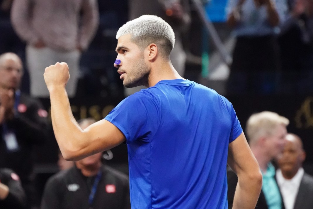 Carlos Alcaraz celebrates a big win over Francisco Cerundolo at the 2025 Laver Cup.