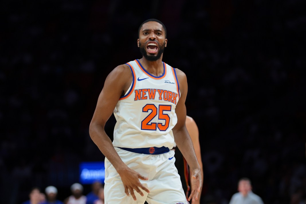Knicks wing Mikal Bridges reacts to a play against the Heat during the 2025-26 NBA season.