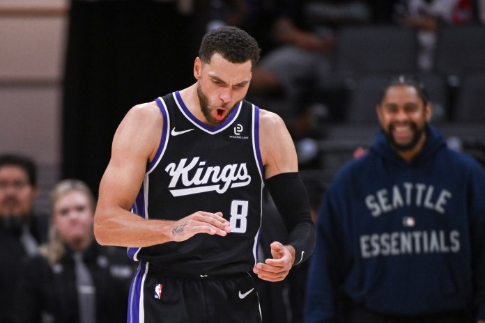 Kings star Zach LaVine celebrates a bucket against the Lakers during the 2025-26 NBA season.