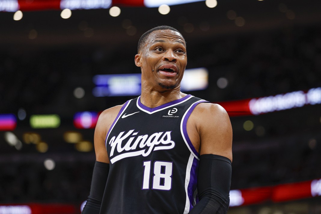 Kings guard Russell Westbrook reacts during a game against the Bulls in the 2025-26 NBA season.