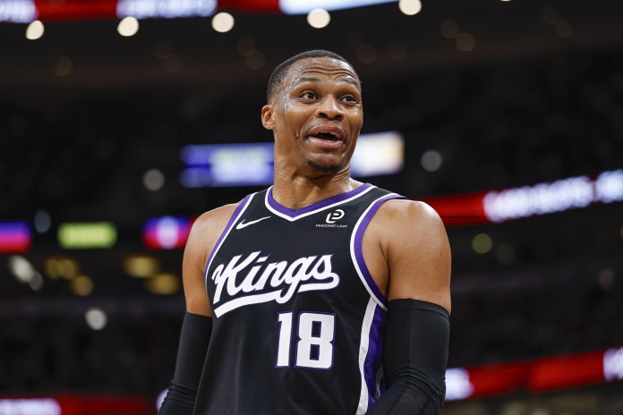 Kings guard Russell Westbrook reacts during a game against the Bulls in the 2025-26 NBA season.