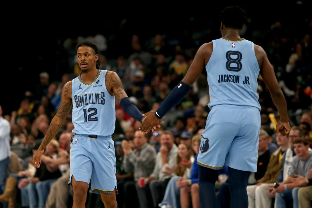 NBA: Los Angeles Lakers at Memphis Grizzlies Grizzlies stars Ja Morant and Jaren Jackson Jr. high five against the Lakers during the 2025-26 NBA season.