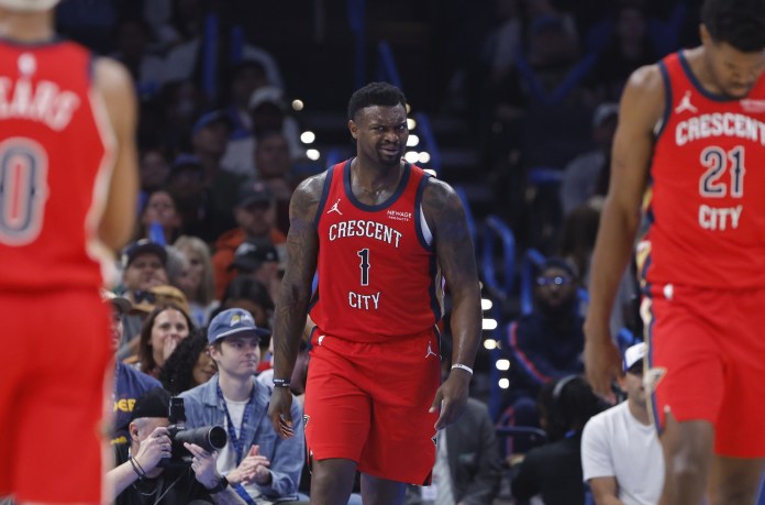 Pelicans star Zion Williamson reacts to a call against the Thunder during the 2025-26 NBA season.